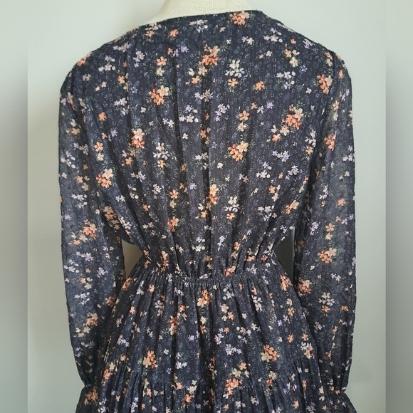 Tiny floral tiered MAXI dress long sleeves ruffle cuff button up Shabby Aakaa S - Picture 9 of 12